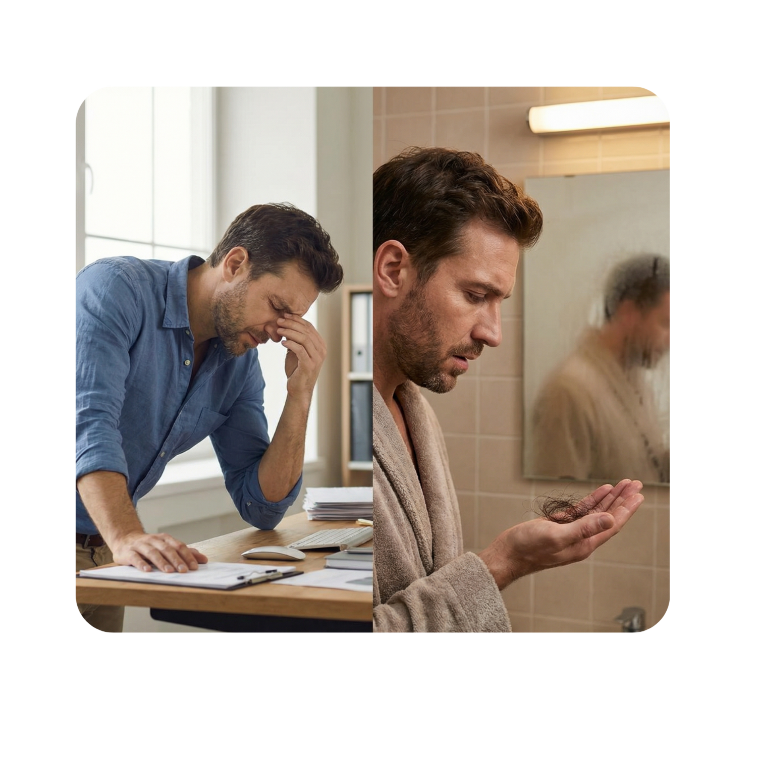 Two split images: one of a man at a desk and another of a man in a bathroom.